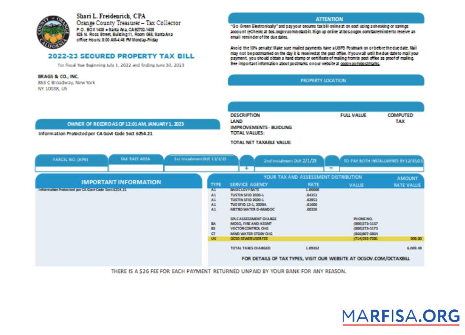 Realistic County of Orange California property tax business bill, SCR example